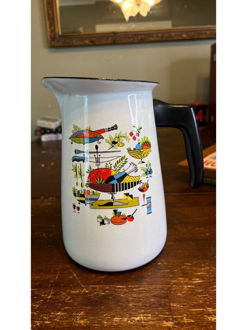 Georges Briard White Enamel Percolator Coffee Pot MCM  Turkey Graphics No Lid